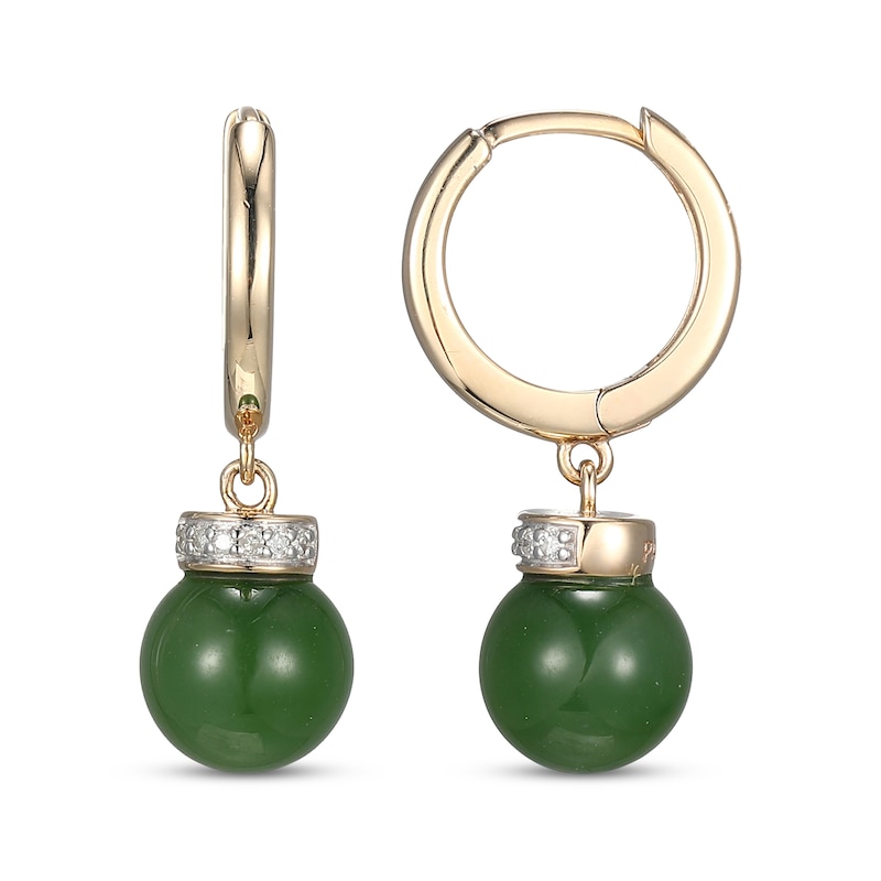 Main Image 3 of Nephrite Jade & Diamond Collar Hoop Drop Earrings 1/20 ct tw 14K Yellow Gold