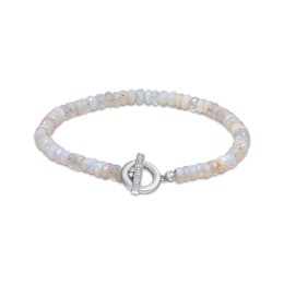Opal Bead & Diamond Accent Bracelet Sterling Silver 9.25"