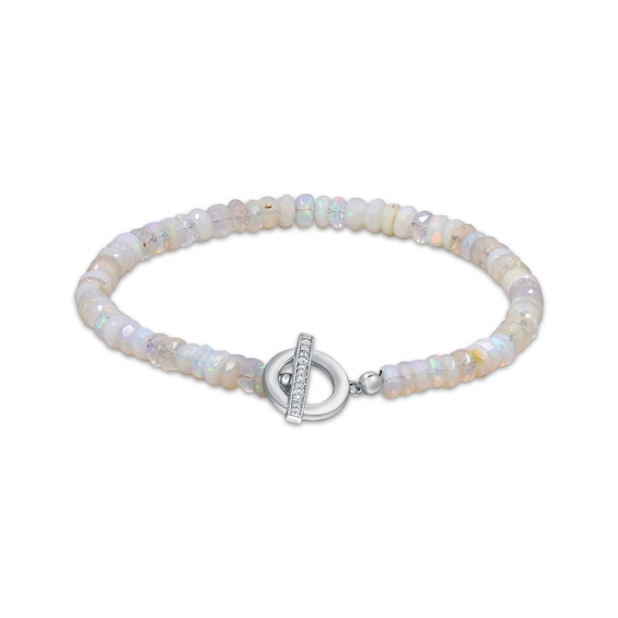 Opal Bead & Diamond Accent Bracelet Sterling Silver 9.25"