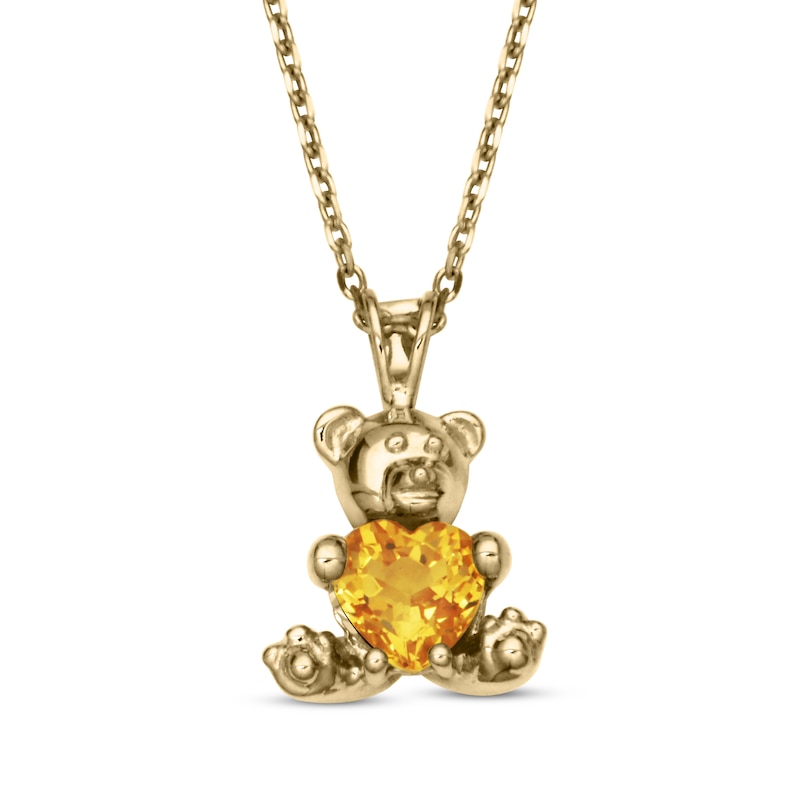 Heart-Shaped Citrine Teddy Bear Necklace 14K Yellow Gold 18"