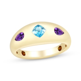 Cushion-Cut Swiss Blue Topaz & Pear-Shaped Amethyst Dome Ring 10K Yellow Gold