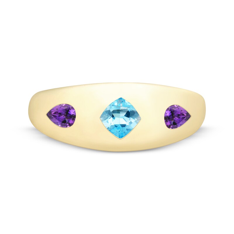Main Image 3 of Cushion-Cut Swiss Blue Topaz & Pear-Shaped Amethyst Dome Ring 10K Yellow Gold
