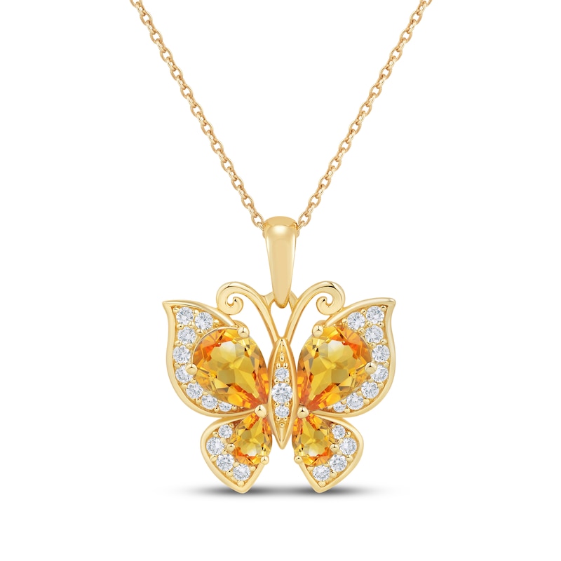 Pear-Shaped Citrine & White Lab-Created Sapphire Butterfly Necklace 10K Yellow Gold 18"