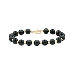 Black Onyx Bead Bracelet 14K Yellow Gold 7.5"