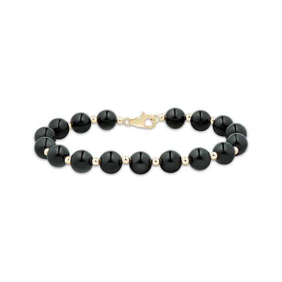 Black Onyx Bead Bracelet 14K Yellow Gold 7.5"