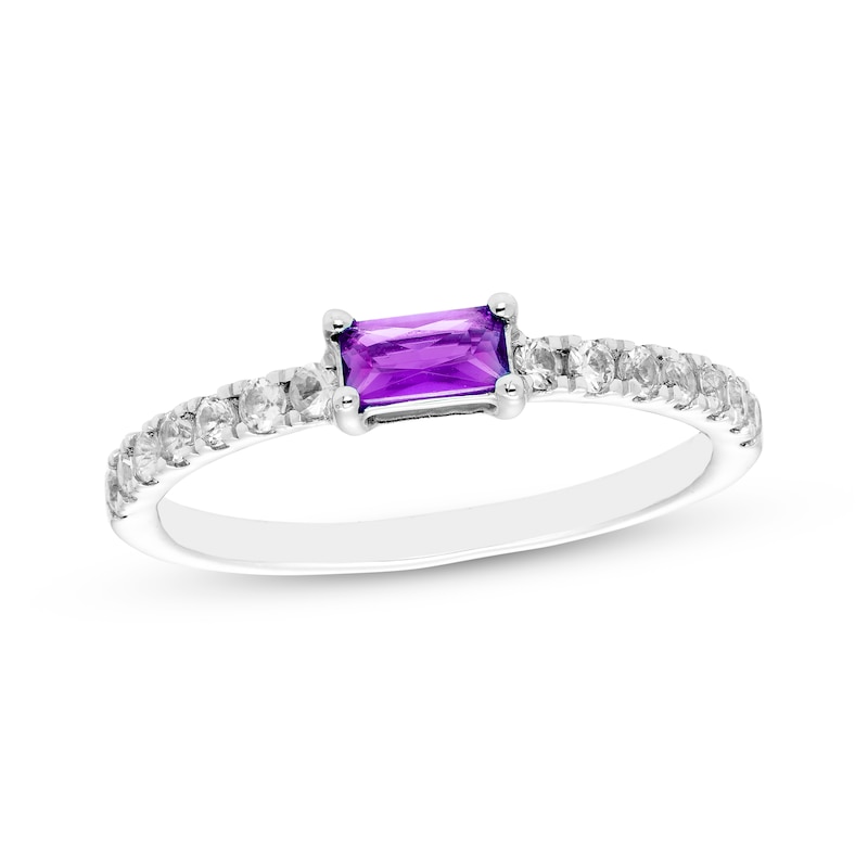 Main Image 1 of Baguette-Cut Amethyst & White Lab-Created Sapphire Ring Sterling Silver
