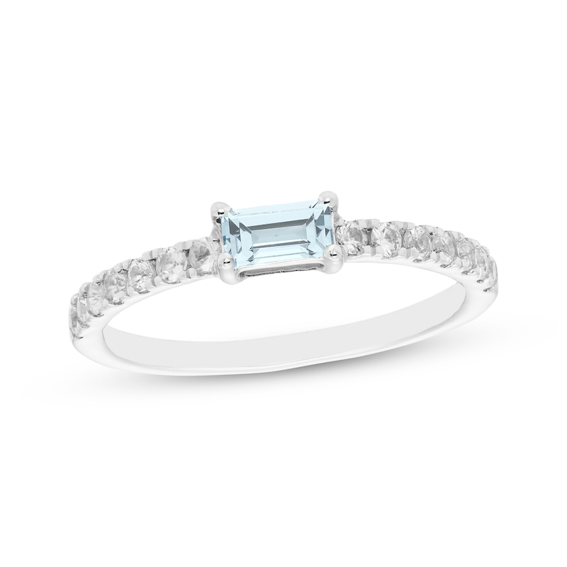 Main Image 1 of Baguette-Cut Aquamarine & White Lab-Created Sapphire Ring Sterling Silver
