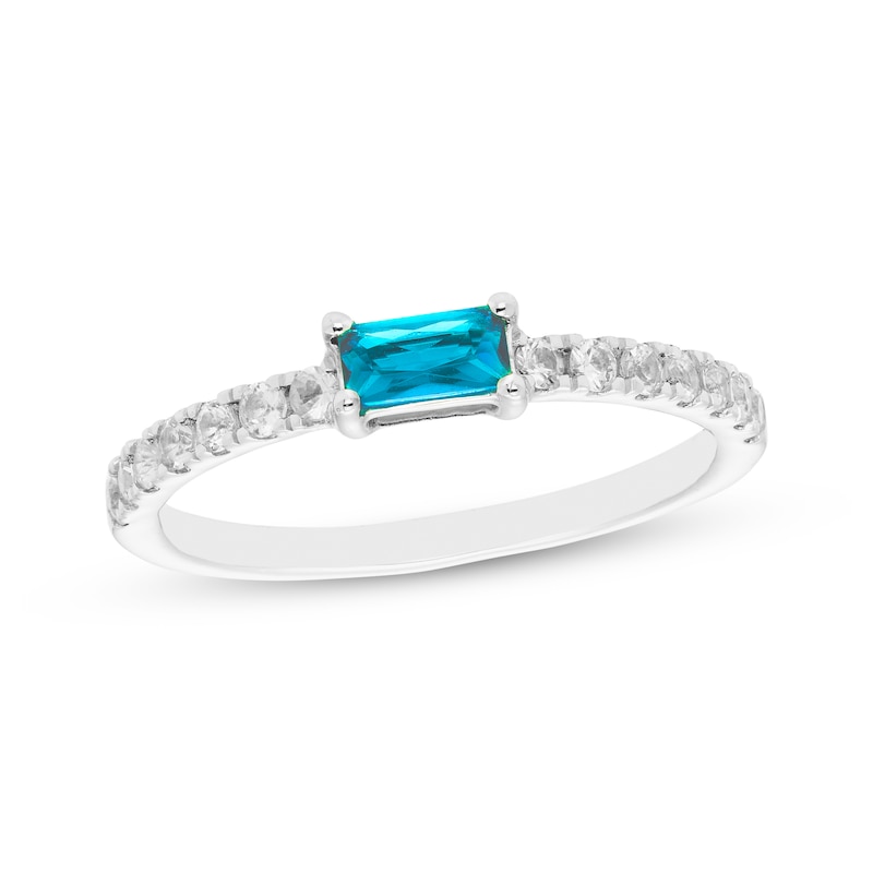 Main Image 1 of Baguette-Cut Swiss Blue Topaz & White Lab-Created Sapphire Ring Sterling Silver
