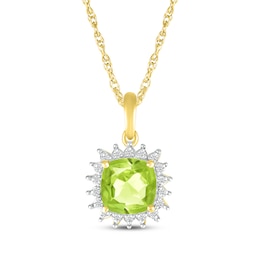 Cushion-Cut Peridot & Diamond Starburst Halo Necklace 1/20 ct tw 10K Yellow Gold 18"