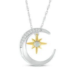 Lab-Created Opal & White Lab-Created Sapphire Crescent Moon Dangle Necklace Sterling Silver & 10K Yellow Gold 18"