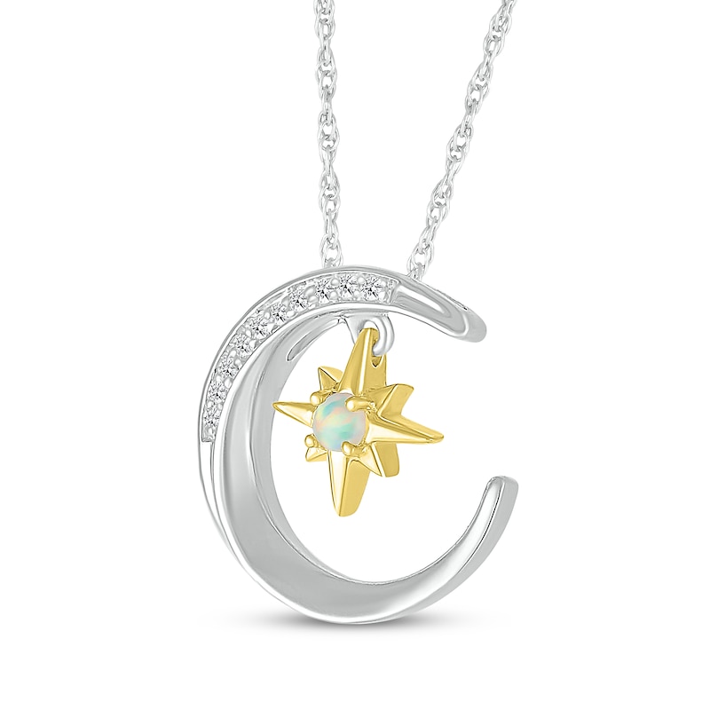 Main Image 2 of Lab-Created Opal & White Lab-Created Sapphire Crescent Moon Dangle Necklace Sterling Silver & 10K Yellow Gold 18&quot;