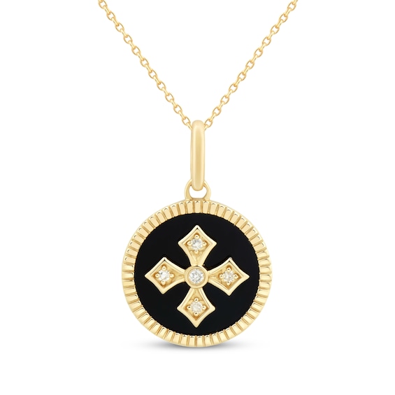Black Onyx & Diamond Cross Medallion Necklace 1/20 ct tw 10K Yellow Gold 18"