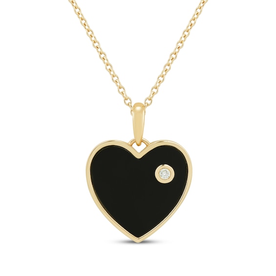 Black Onyx & Diamond Accent Heart Necklace 10K Yellow Gold 18"
