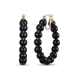 Black Agate Bead Hoop Earrings 40mm Sterling Silver with 10K Yellow Gold Plate