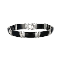 Rectangular Black Agate Link Bracelet Sterling Silver 7.25"