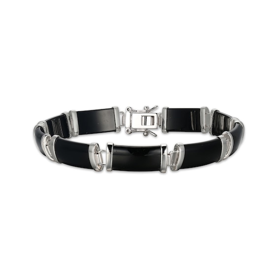 Rectangular Black Agate Link Bracelet Sterling Silver 7.25"