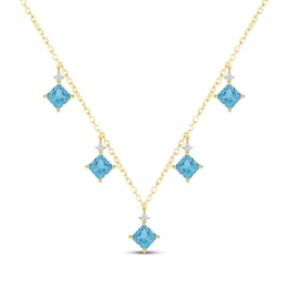 Square-Cut Swiss Blue Topaz & Diamond Drop Necklace 1/10 ct tw 10K Yellow Gold 18"