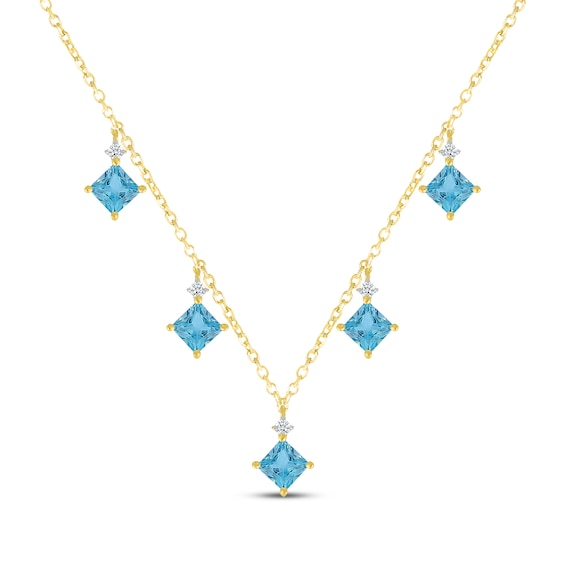 Square-Cut Swiss Blue Topaz & Diamond Drop Necklace 1/10 ct tw 10K Yellow Gold 18"