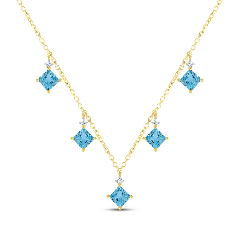 Main Image 1 of Square-Cut Swiss Blue Topaz & Diamond Drop Necklace 1/10 ct tw 10K Yellow Gold 18&quot;