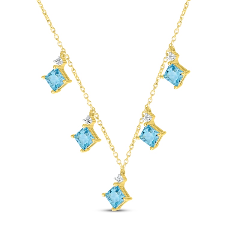 Main Image 2 of Square-Cut Swiss Blue Topaz & Diamond Drop Necklace 1/10 ct tw 10K Yellow Gold 18&quot;