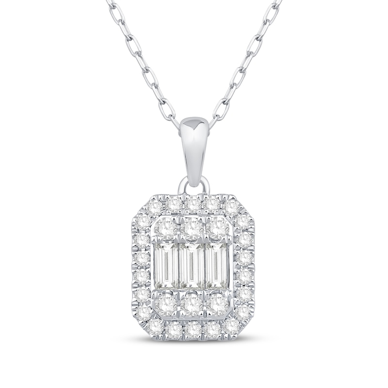 Main Image 1 of Baguette & Round-Cut Multi-Diamond Octagon Halo Necklace 1/2 ct tw 10K White Gold 18"