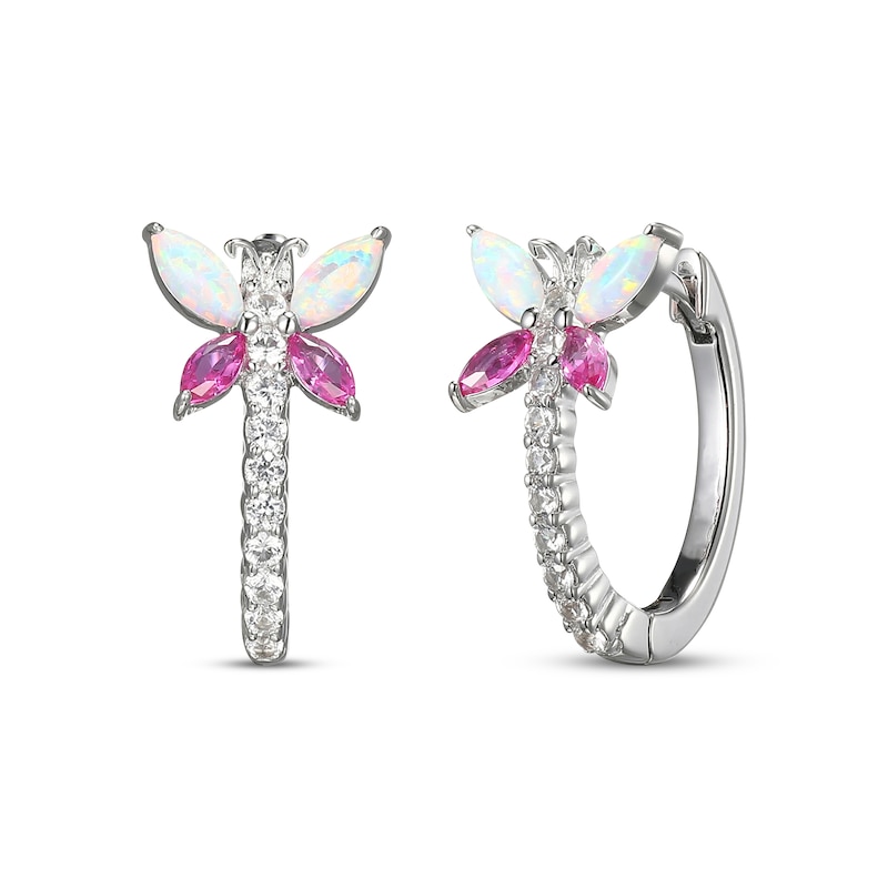 Main Image 1 of Lab-Created Opal, Pink & White Lab-Created Sapphire Dragonfly Hoop Earrings Sterling Silver