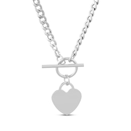 Heart Charm Toggle Curb Chain Necklace Sterling Silver 17"
