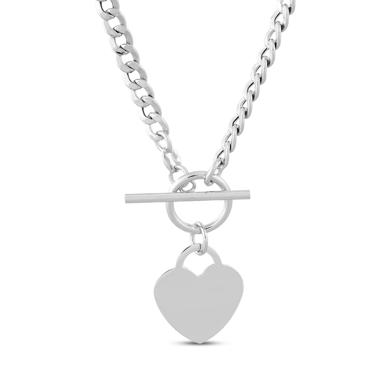 Heart Charm Toggle Curb Chain Necklace Sterling Silver 17"