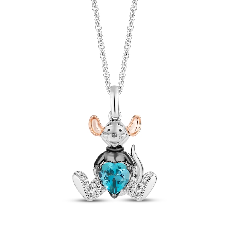Winnie the Pooh "Roo" Heart-Shaped Swiss Blue Topaz & Diamond Necklace 1/20 ct tw Sterling Silver & 10K Rose Gold 19"
