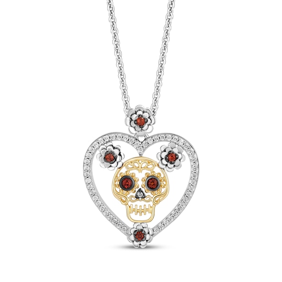 Disney Treasures Coco Garnet & Diamond Sugar Skull Necklace 1/8 ct tw Sterling Silver & 10K Yellow Gold 19"