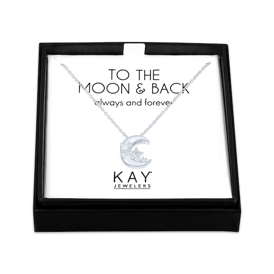 Gift Boxed Moon & Stars Diamond Accent Necklace Sterling Silver 18"