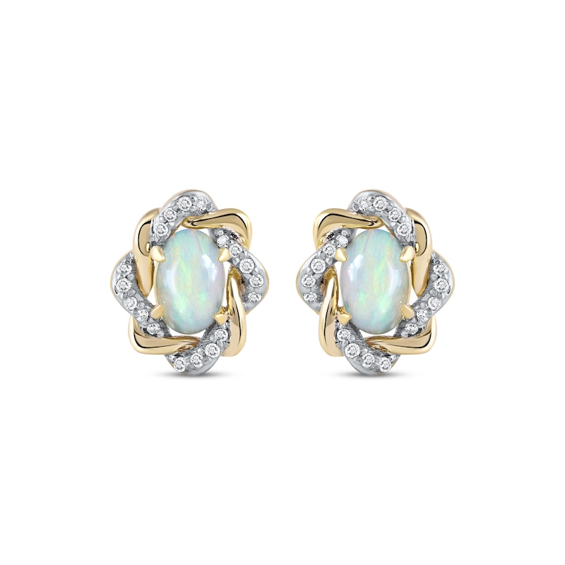 Main Image 2 of Oval-Cut Opal & Round-Cut Diamond Twist Earrings 1/10 ct tw 10K Yellow Gold