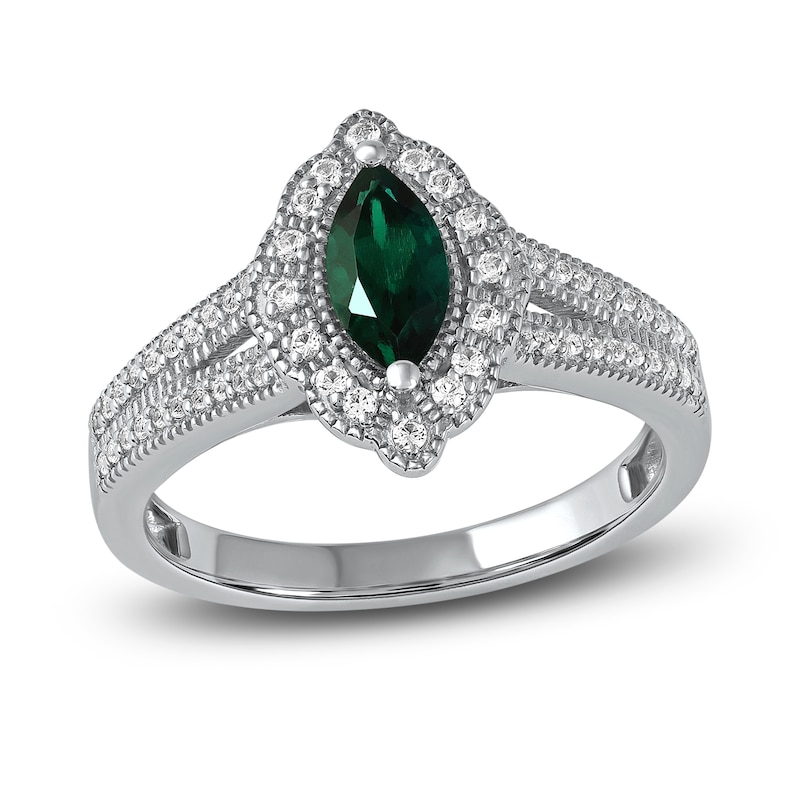 Main Image 1 of Lab-Created Emerald & White Lab-Created Sapphire Ring Sterling Silver