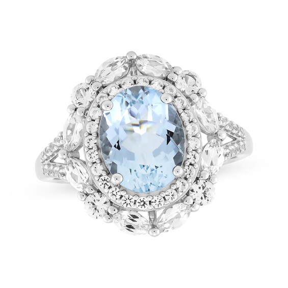 Oval-Cut Aquamarine & White Lab-Created Sapphire Halo Ring Sterling Silver