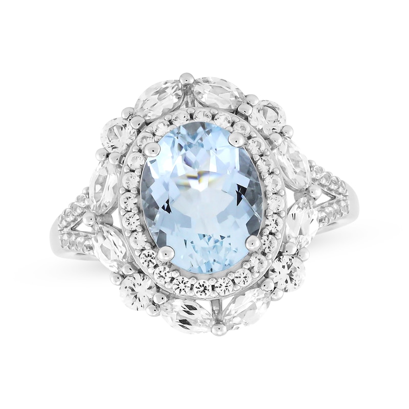 Main Image 1 of Oval-Cut Aquamarine & White Lab-Created Sapphire Halo Ring Sterling Silver