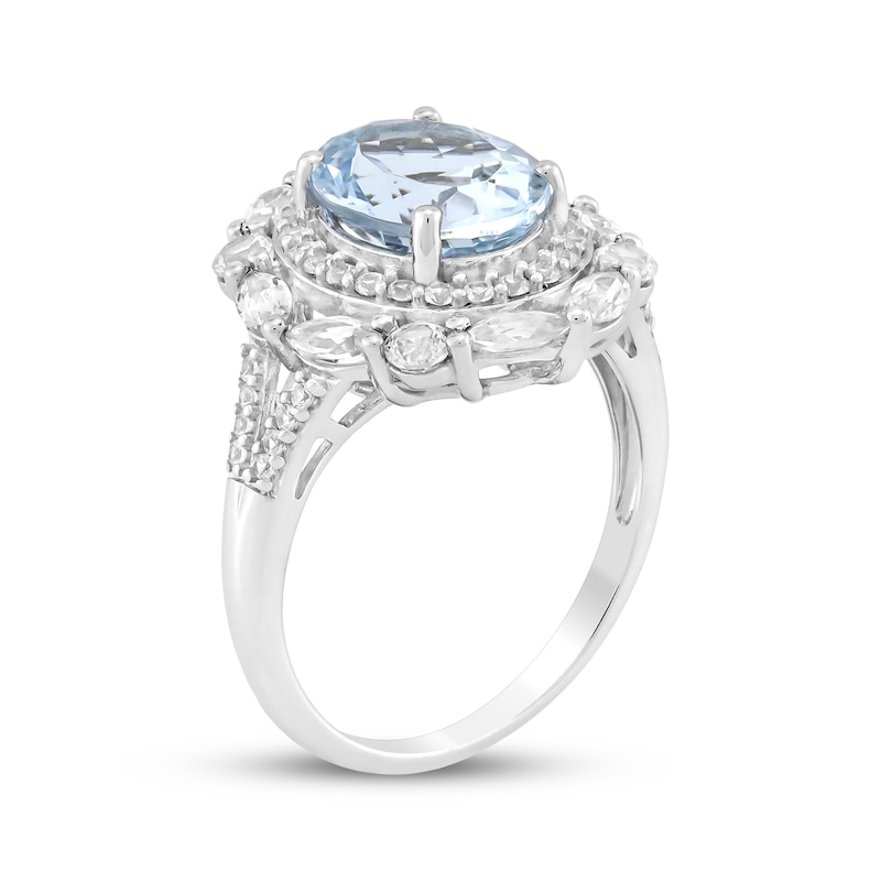 Main Image 2 of Oval-Cut Aquamarine & White Lab-Created Sapphire Halo Ring Sterling Silver