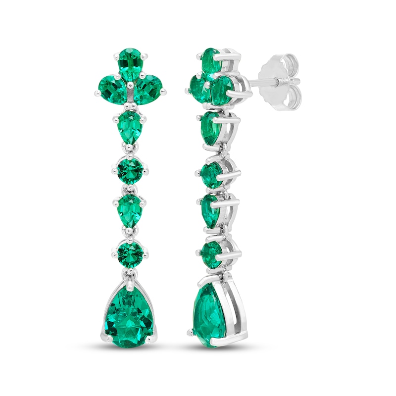 Main Image 1 of Pear-Shaped & Round-Cut Lab-Created Emerald Drop Earrings Sterling Silver