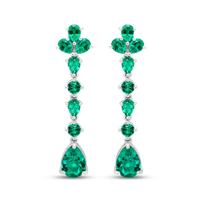 Main Image 2 of Pear-Shaped & Round-Cut Lab-Created Emerald Drop Earrings Sterling Silver