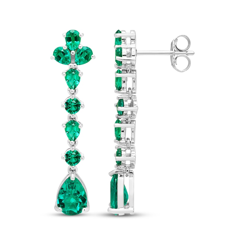 Main Image 3 of Pear-Shaped & Round-Cut Lab-Created Emerald Drop Earrings Sterling Silver