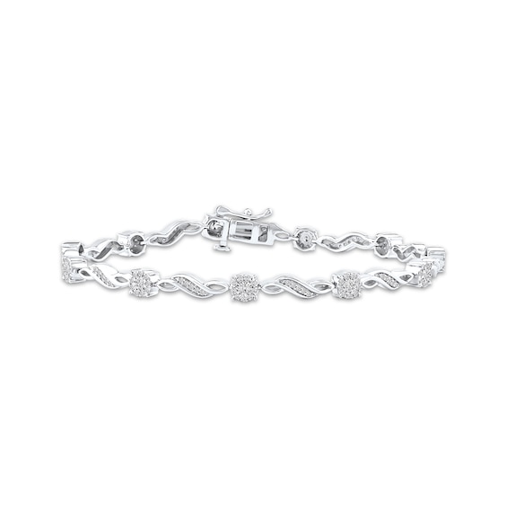 Multi-Diamond Circle & Wave Link Bracelet 1 ct tw 10K White Gold 7.25"