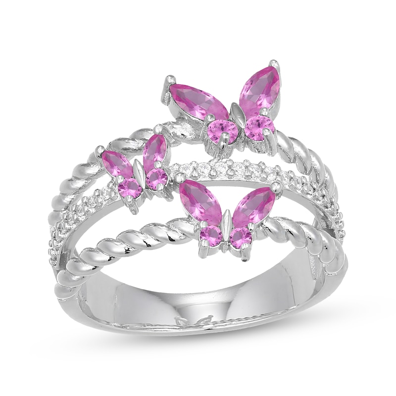 Main Image 1 of Pink & White Lab-Created Sapphire Butterflies Ring Sterling Silver