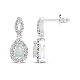 Pear-Shaped Lab-Created Opal & White Lab-Created Sapphire Dangle Earrings Sterling Silver
