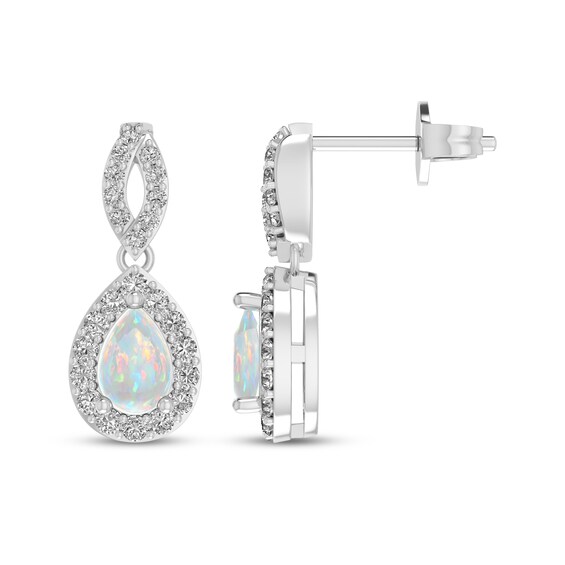 Pear-Shaped Lab-Created Opal & White Lab-Created Sapphire Dangle Earrings Sterling Silver