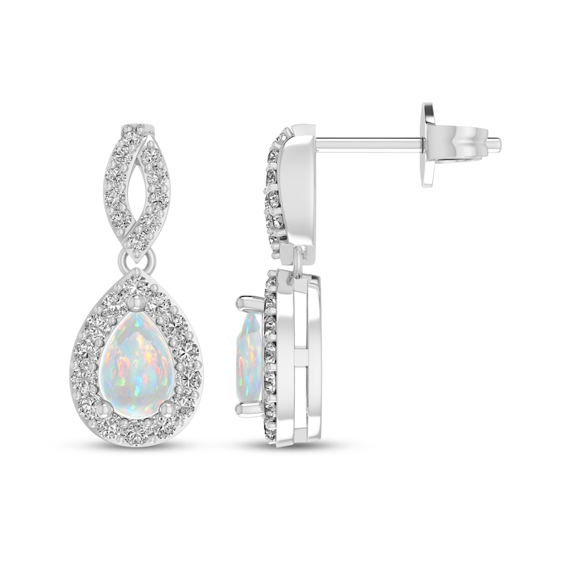 Main Image 1 of Pear-Shaped Lab-Created Opal & White Lab-Created Sapphire Dangle Earrings Sterling Silver