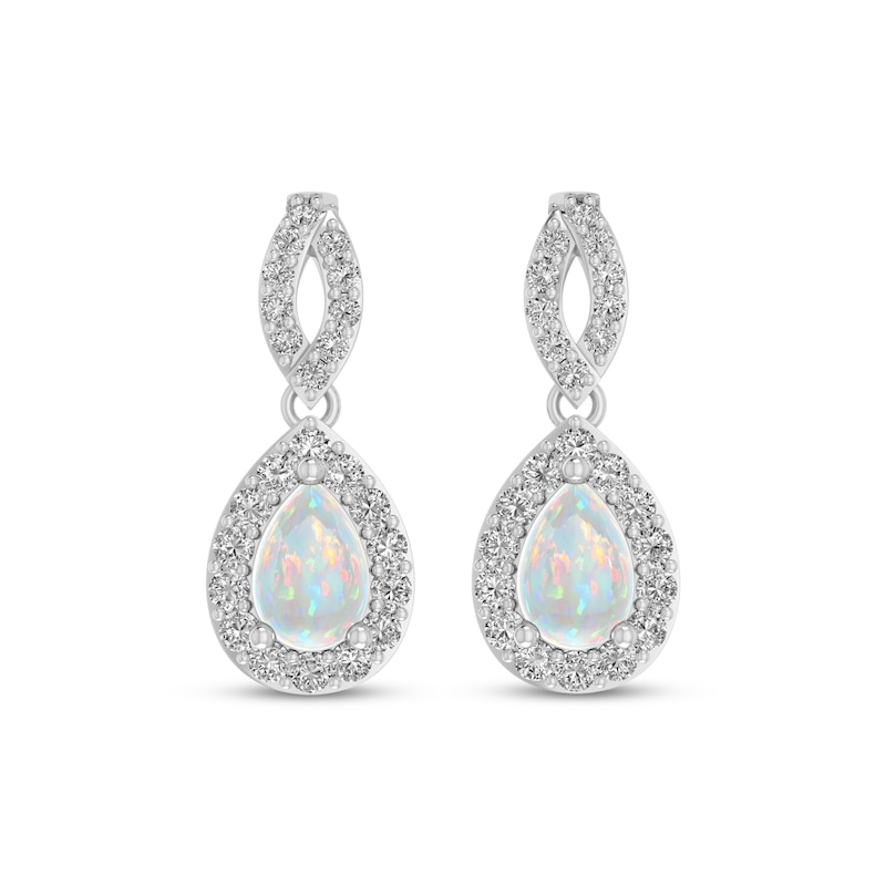 Main Image 2 of Pear-Shaped Lab-Created Opal & White Lab-Created Sapphire Dangle Earrings Sterling Silver