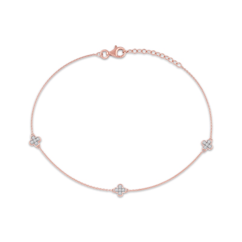 Main Image 1 of Diamond Clover Station Anklet 1/8 ct tw 10K Rose Gold 10"