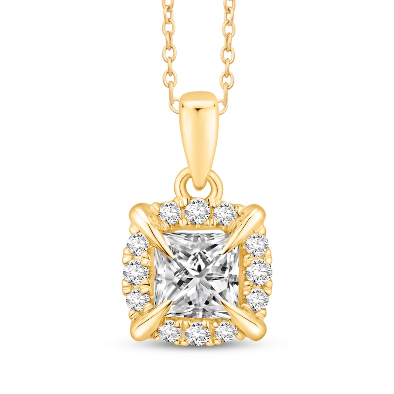 Main Image 1 of Princess-Cut Diamond Halo Necklace 3/4 ct tw 10K Yellow Gold