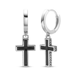Men's Black Enamel Cross Dangle Hoop Earrings Sterling Silver