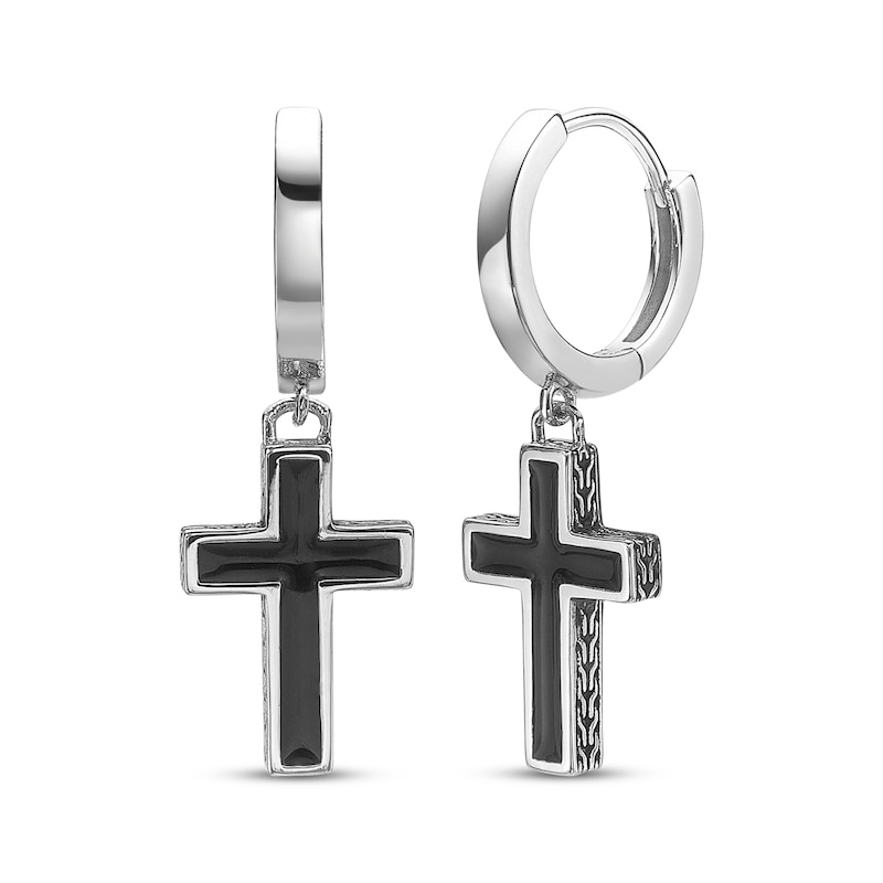 Main Image 1 of Men's Black Enamel Cross Dangle Hoop Earrings Sterling Silver