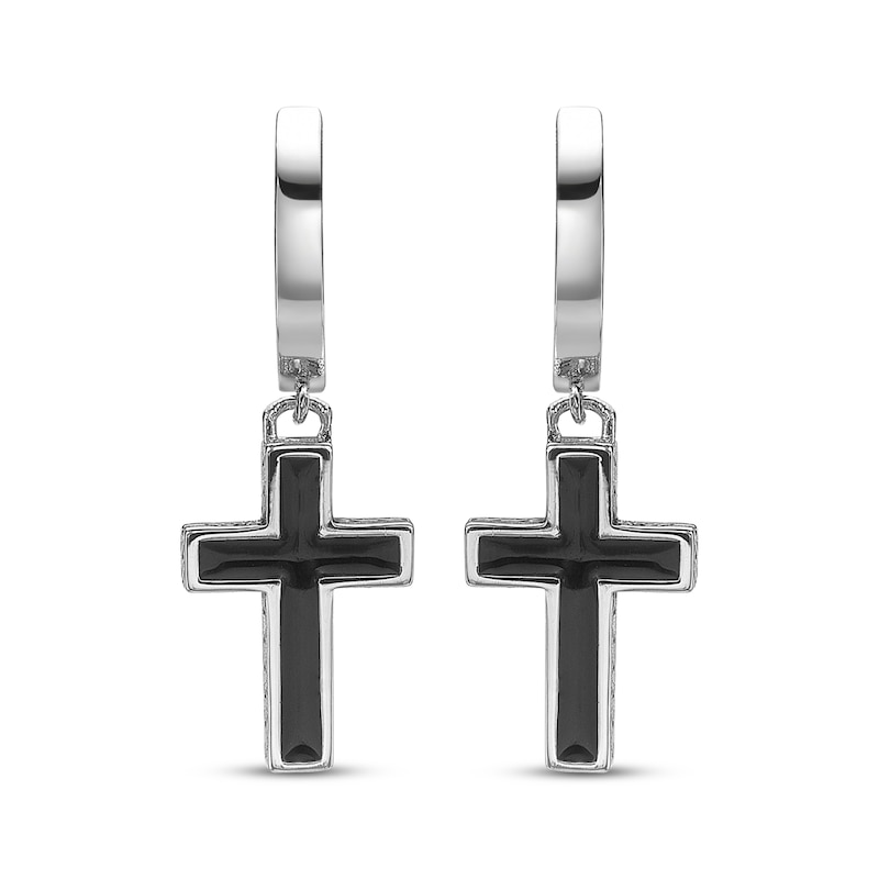 Main Image 2 of Men's Black Enamel Cross Dangle Hoop Earrings Sterling Silver